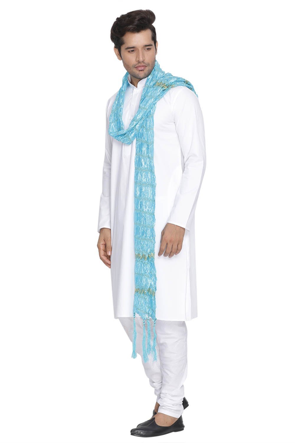 VASTRAMAY Men's White Cotton Kurta, Pyjama & Dupatta Set