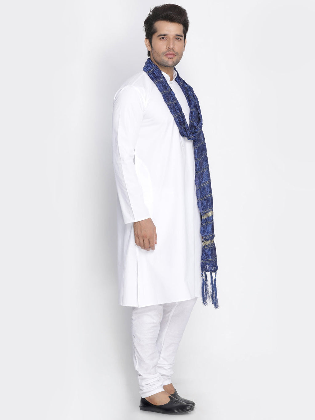 VASTRAMAY Men's White Cotton Kurta, Pyjama & Dupatta Set