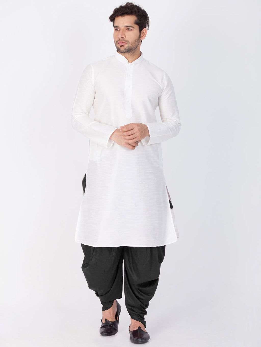 VASTRAMAY Men's White Cotton Silk Blend Kurta and Dhoti Pant Set