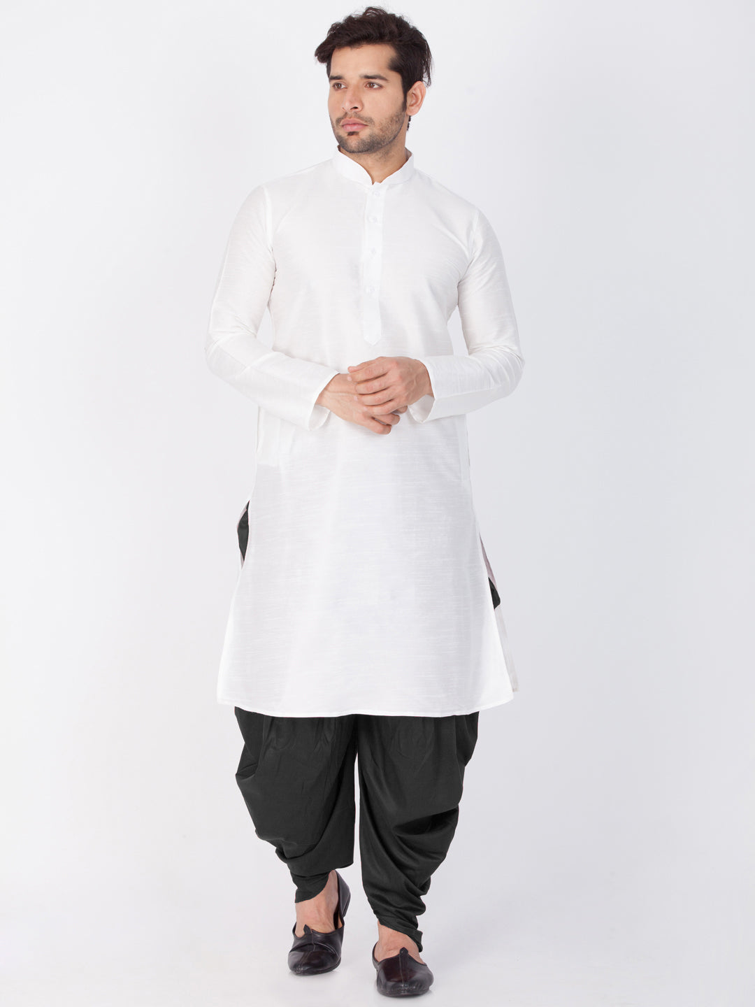 VASTRAMAY Men's White Cotton Silk Blend Kurta and Dhoti Pant Set