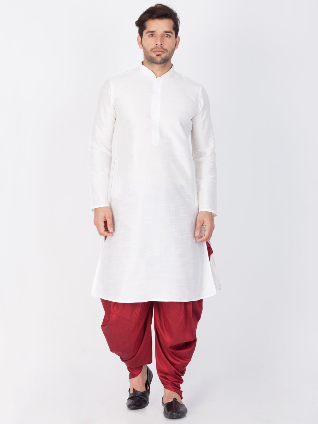 VASTRAMAY Men's White Cotton Silk Blend Kurta and Dhoti Pant Set