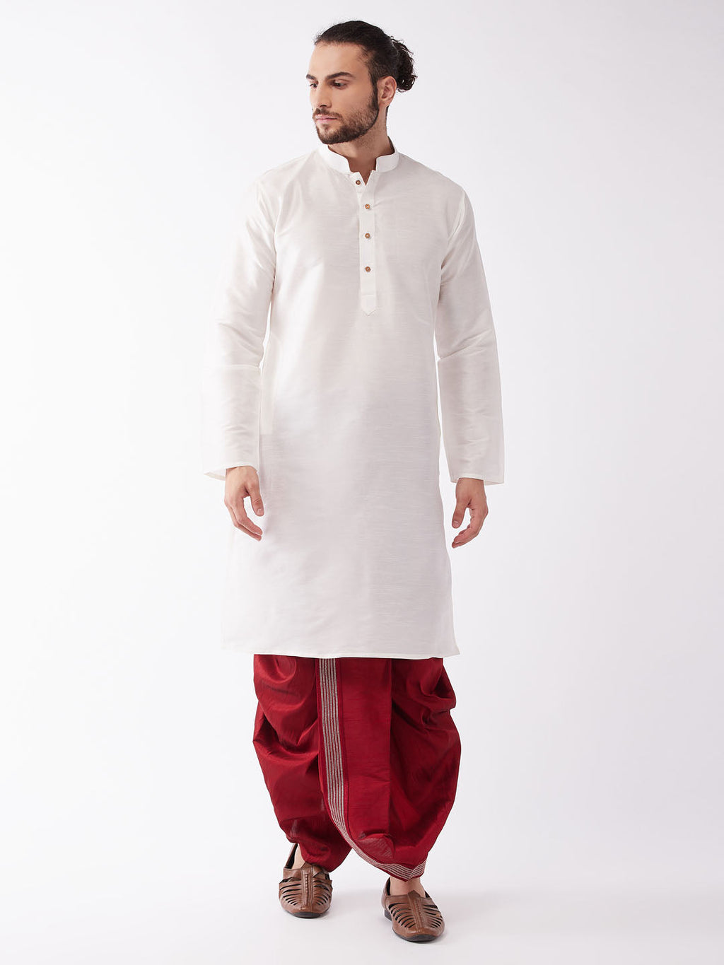Men's White And Maroon Silk Blend Kurta And Dhoti Set