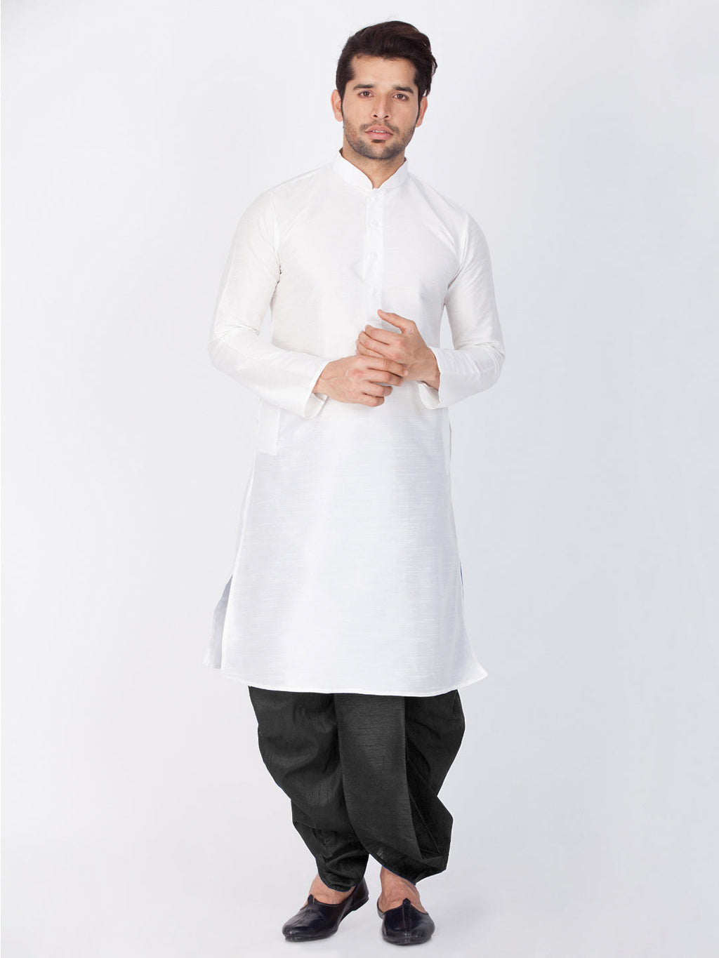 VASTRAMAY Men's White Cotton Silk Blend Kurta and Dhoti Pant Set