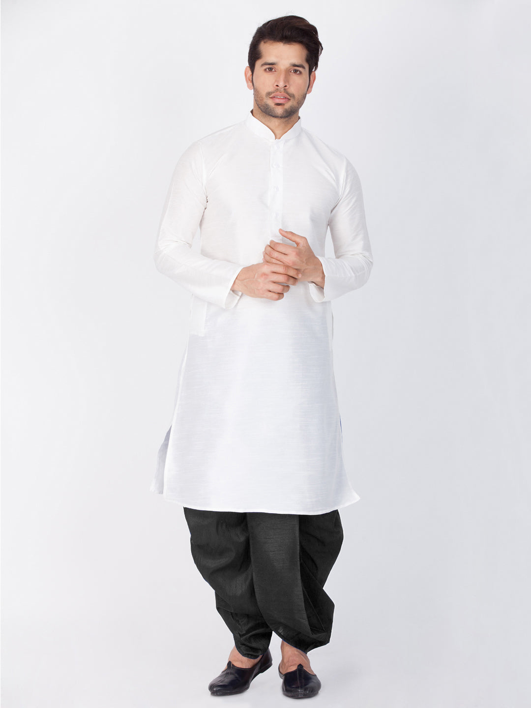VASTRAMAY Men's White Cotton Silk Blend Kurta and Dhoti Pant Set