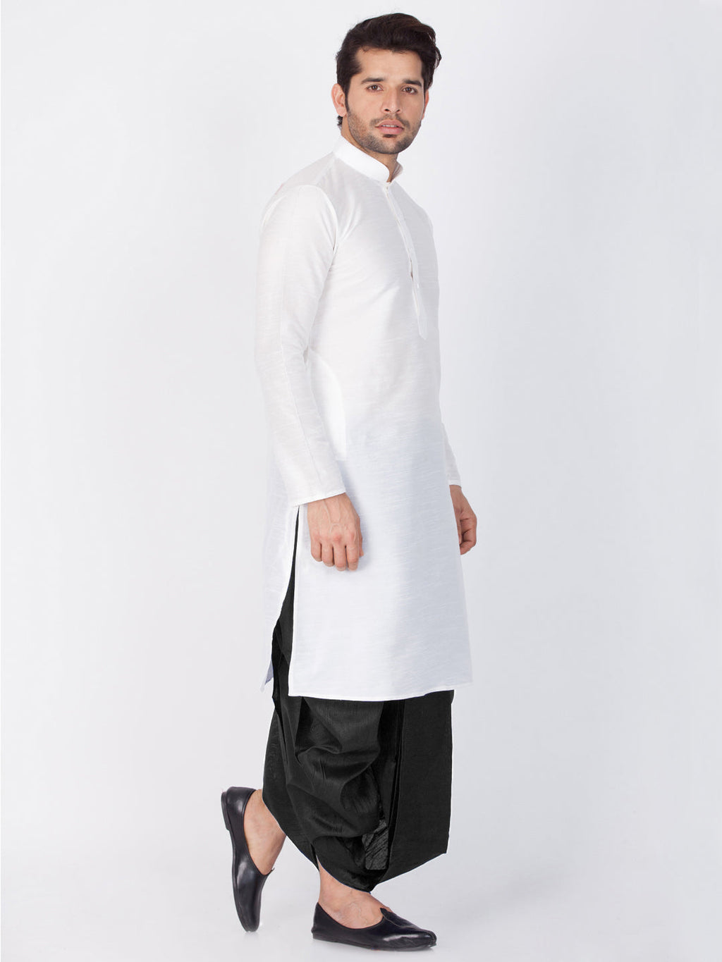 VASTRAMAY Men's White Cotton Silk Blend Kurta and Dhoti Pant Set