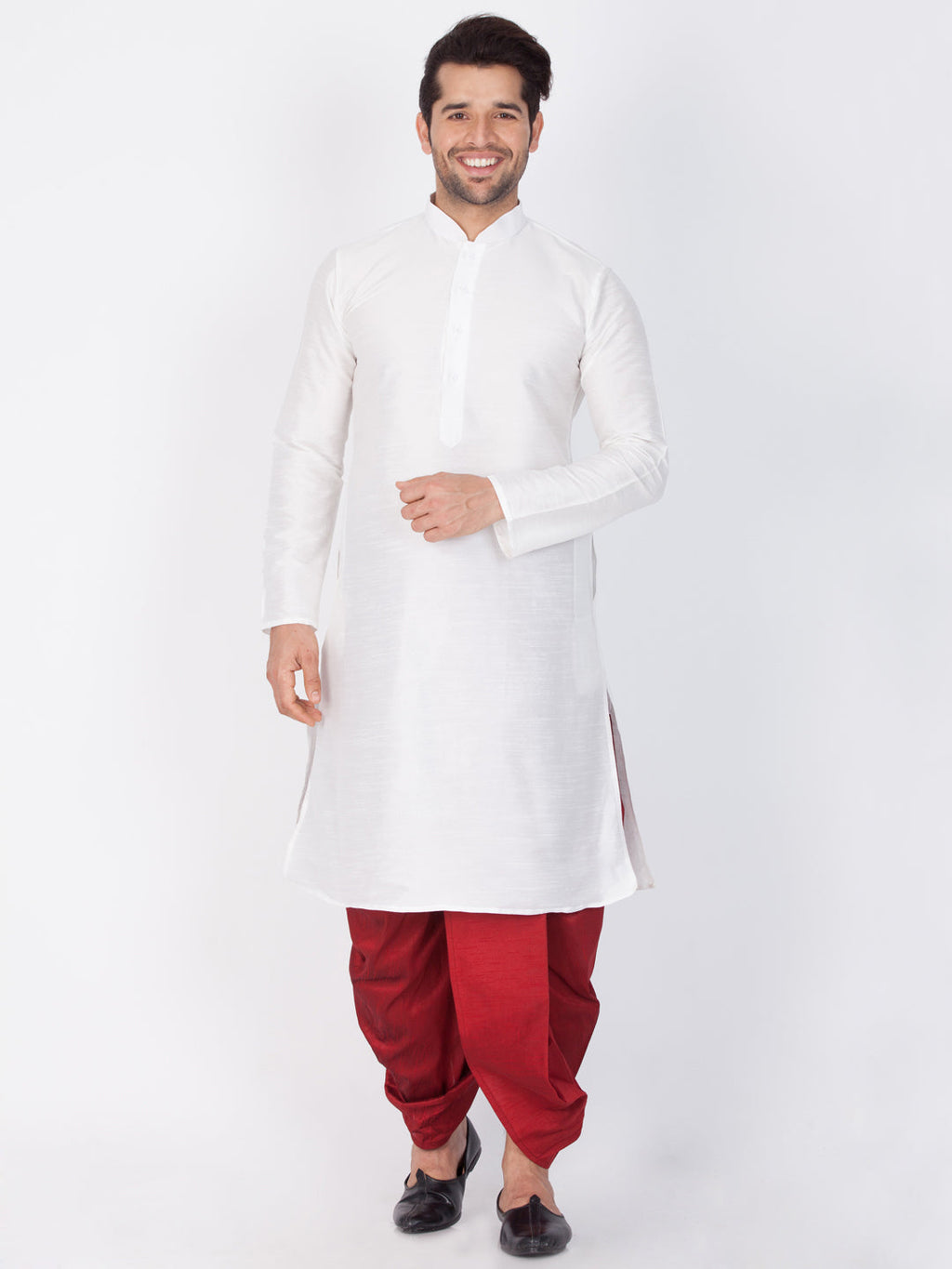 VASTRAMAY Men's White Cotton Silk Blend Kurta and Dhoti Pant Set