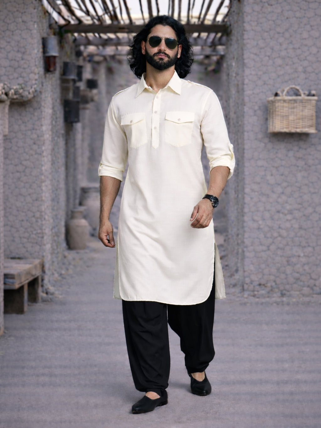 Men's Cream Cotton Blend Pathani Suit Set