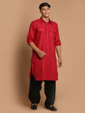 Men's Maroon  And Black Cotton Blend Pathani Suit Set