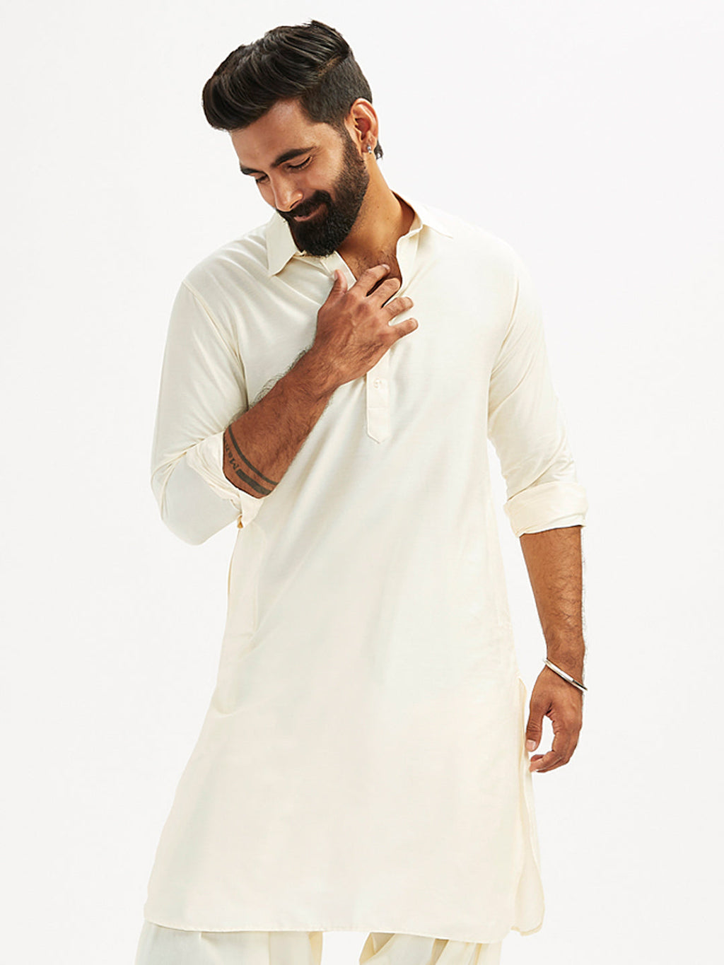 Men’s Solid Cotton Pathani Kurta with Shirt Collar and Full Sleeves