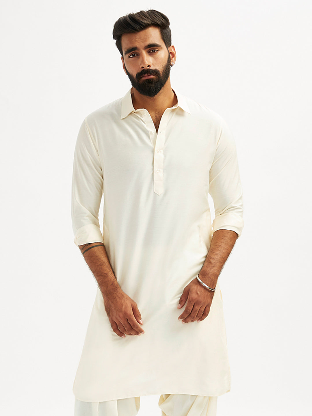 Men’s Solid Cotton Pathani Kurta with Shirt Collar and Full Sleeves