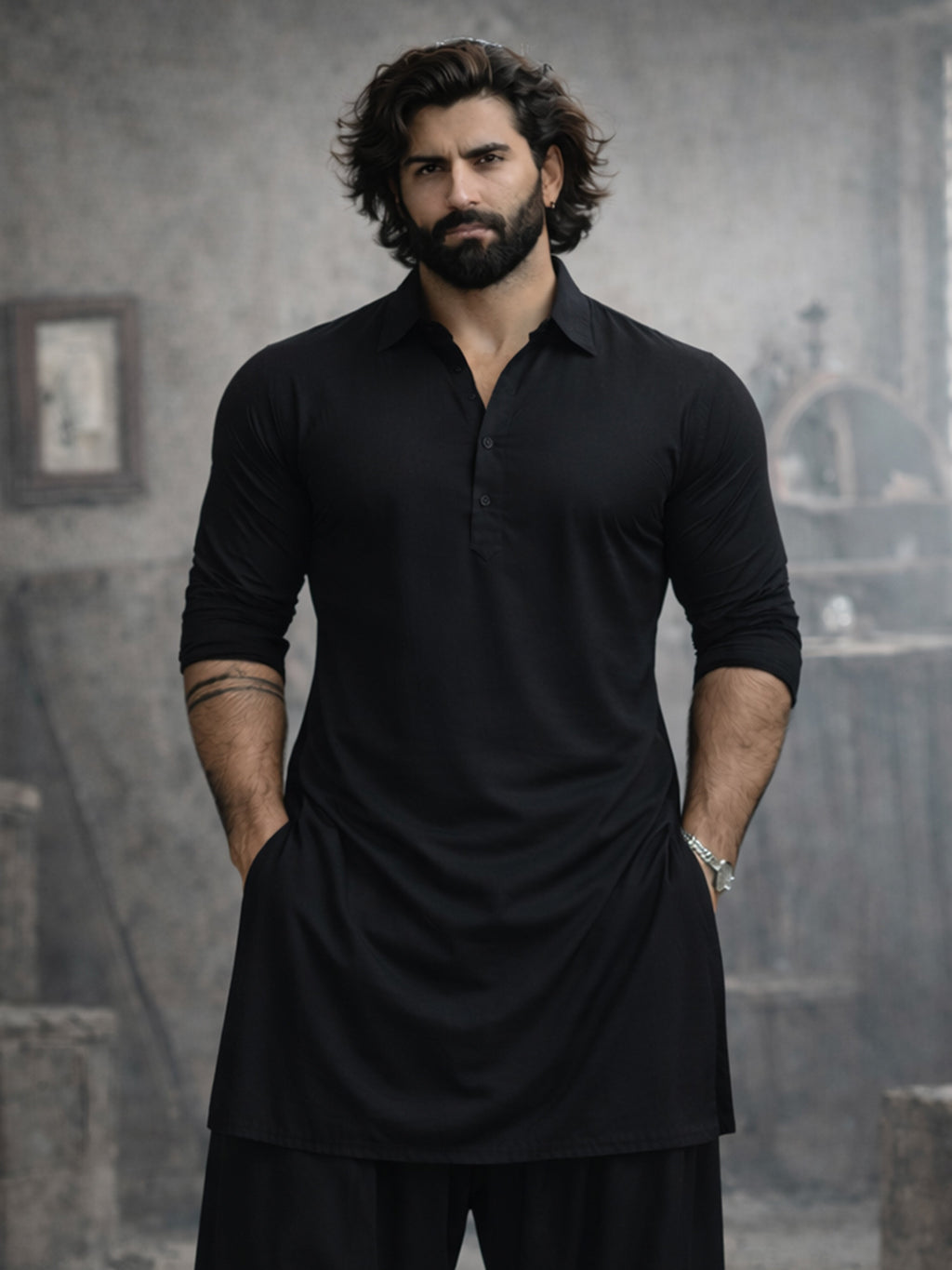 Men's Black And White Viscose Pathani