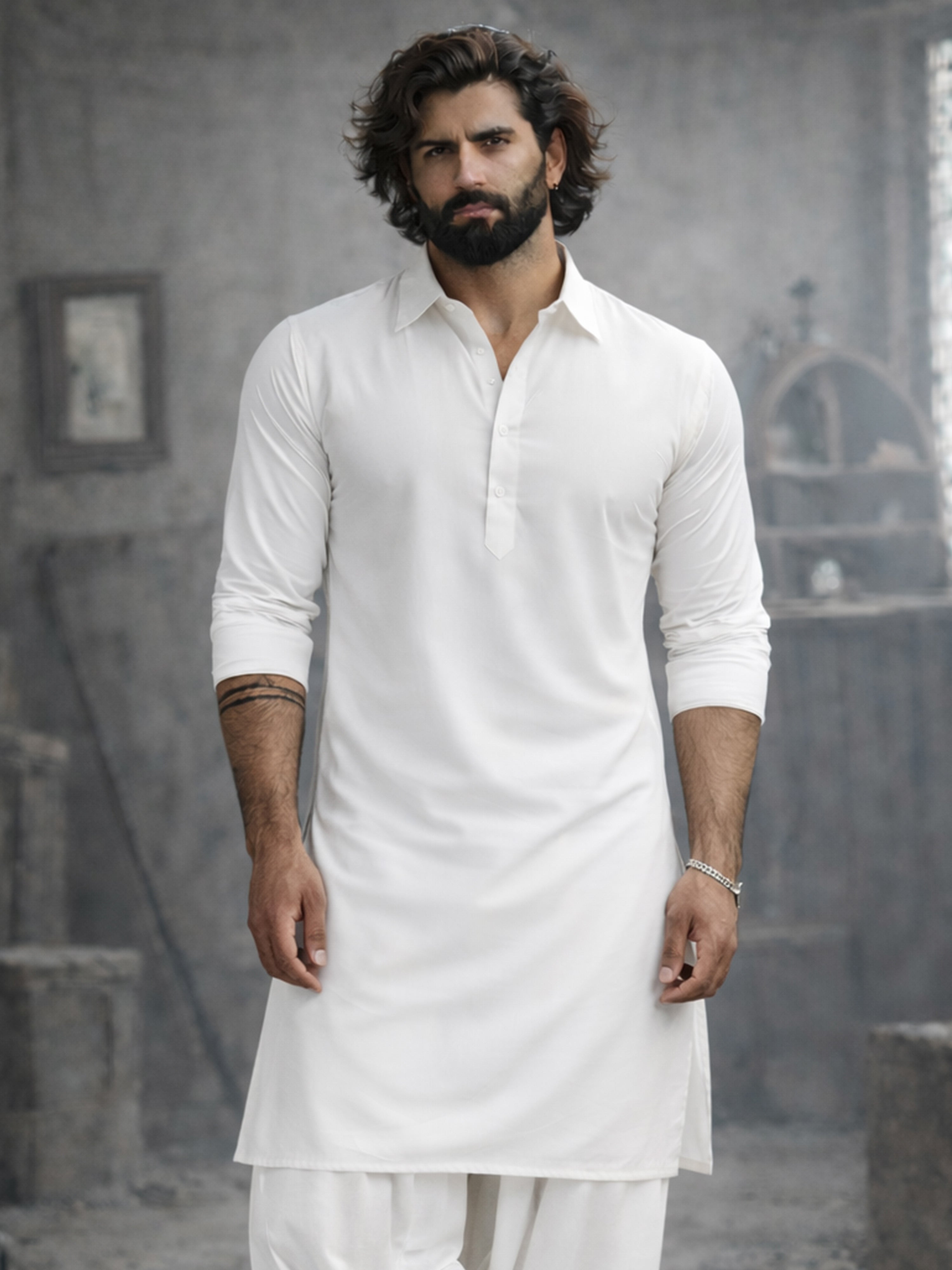 Men's White Viscose Pathani