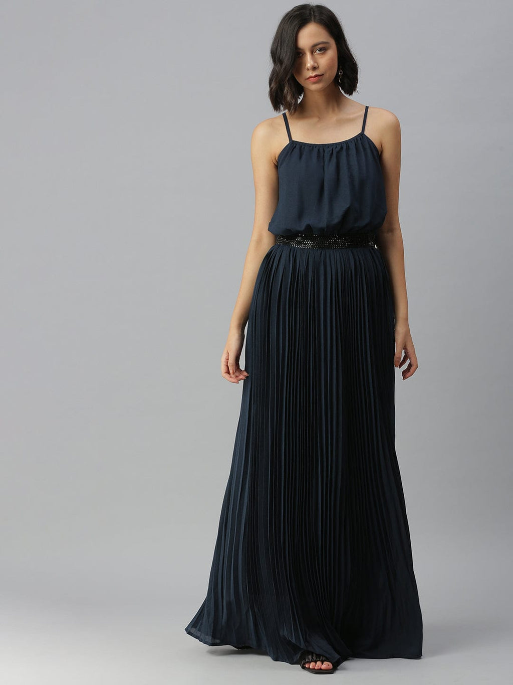 Women's Shoulder Straps Embellished Maxi Navy Blue Dress