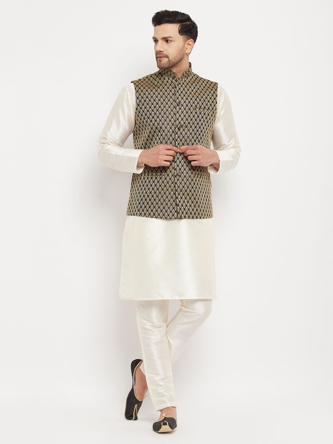 VASTRAMAY Men's Black Silk Blend Jacket With Kurta Pant Set
