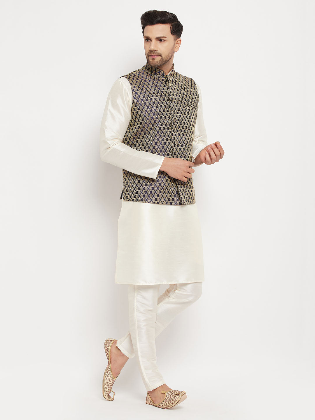 Men's Blue Silk Blend Jacket With Kurta Pant Set