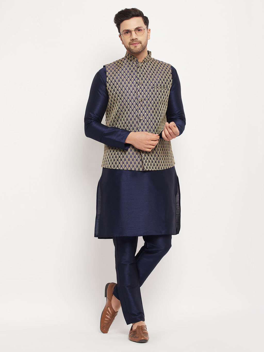 VASTRAMAY Men's BlueSilk Blend Jacket With Kurta Pant  Set