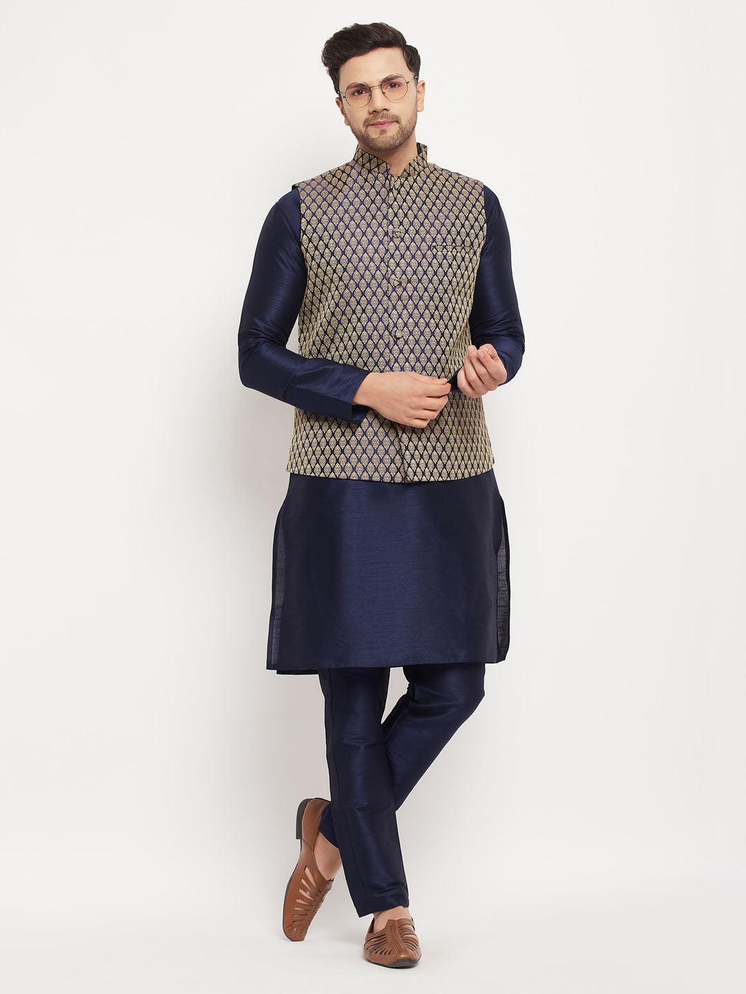 VASTRAMAY Men's BlueSilk Blend Jacket With Kurta Pant  Set