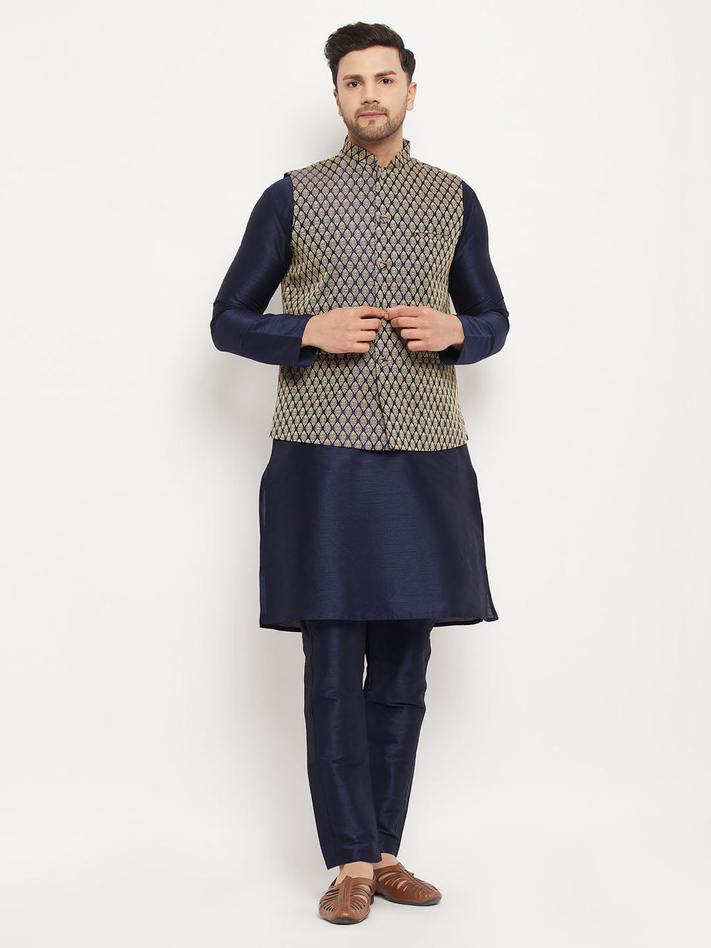 VASTRAMAY Men's BlueSilk Blend Jacket With Kurta Pant  Set