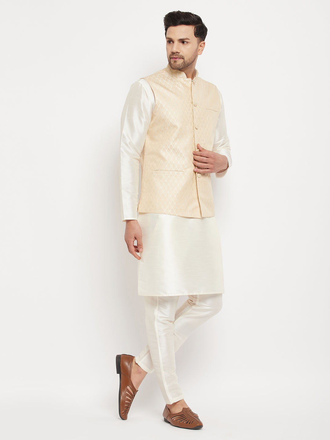 Men's Cream Silk Blend Jacket With Kurta Pant Set
