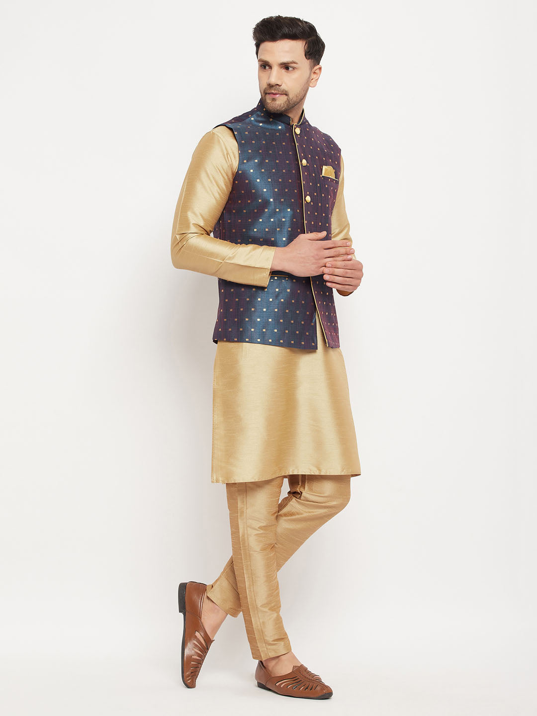 Men's Blue Zari Weaved Jacket With Kurta Pant Set