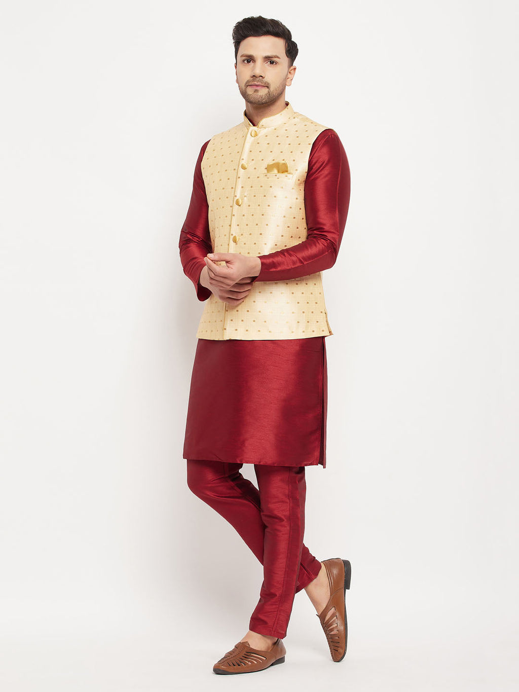 Men's Gold Zari Weaved Jacket With Kurta Pant Set