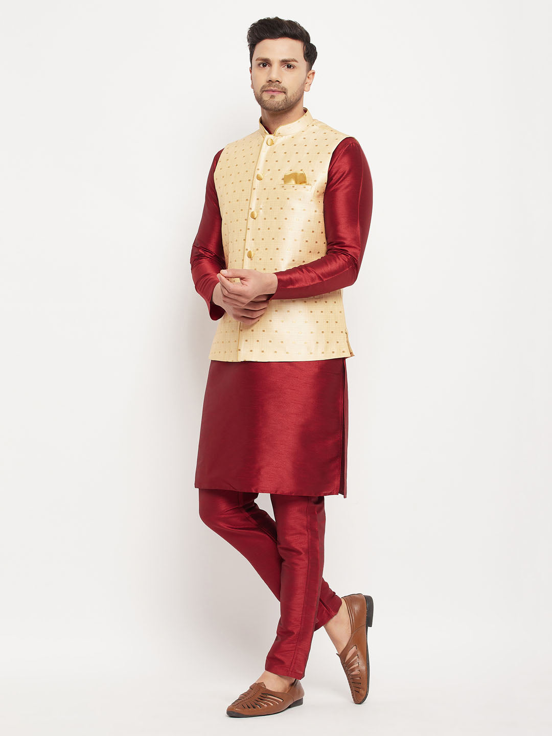 Men's Gold Zari Weaved Jacket With Kurta Pant Set