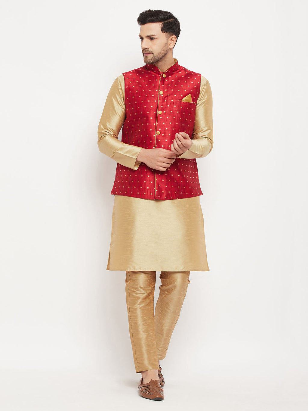 Men's Maroon Zari Weaved Jacket With Kurta Pant Set
