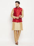 Men's Maroon Zari Weaved Jacket With Kurta Pant Set