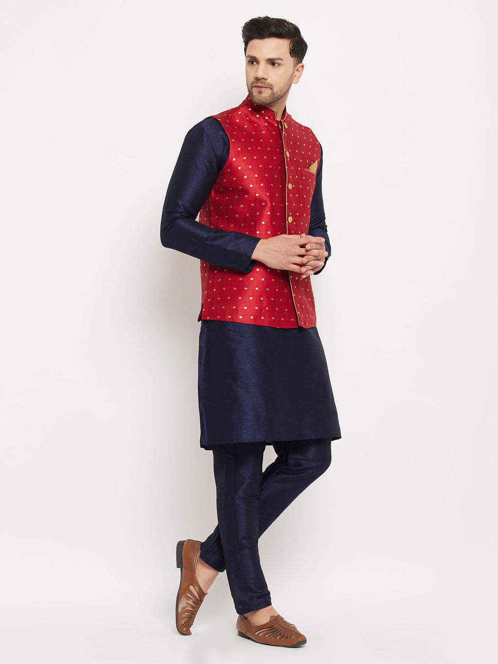 Men's Maroon Zari Weaved Jacket With Kurta Pant Set