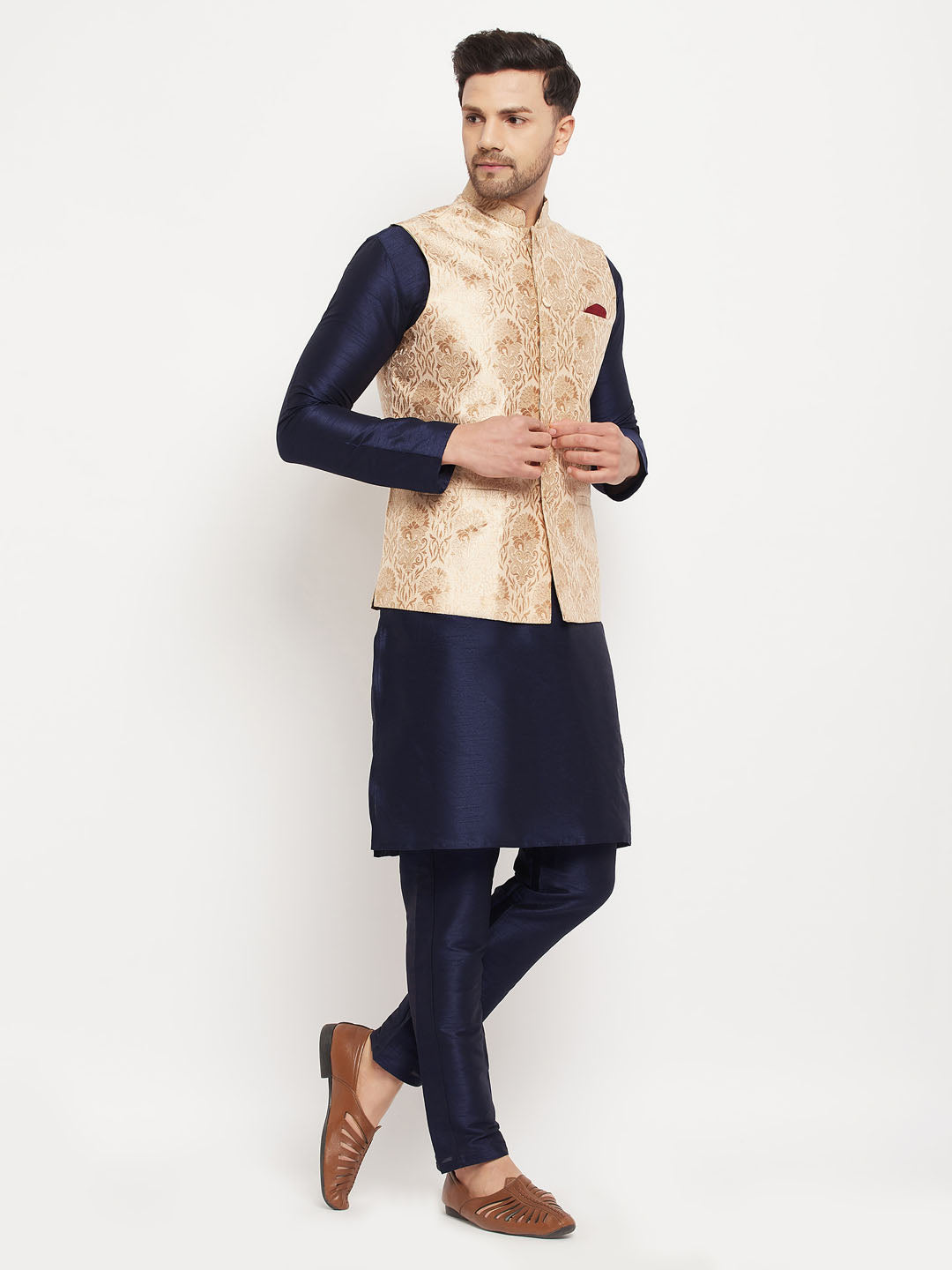 Men's Rose Gold Jacquard Jacket With Kurta And Pant Set