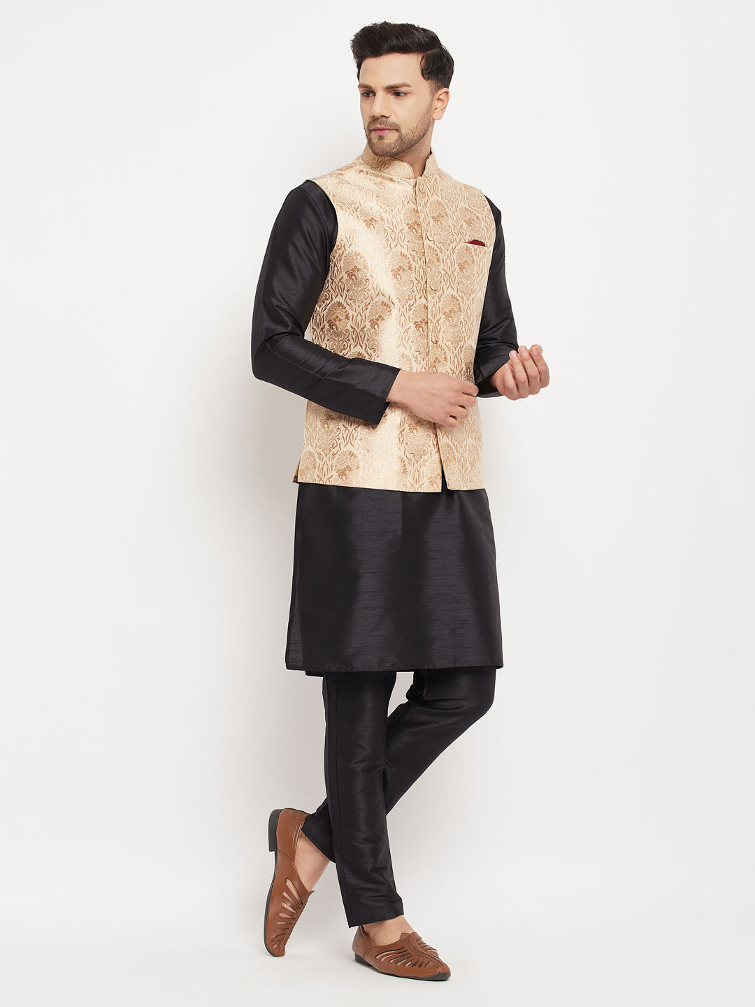 Men's Rose Gold Jacquard Jacket With Kurta And Pant Set