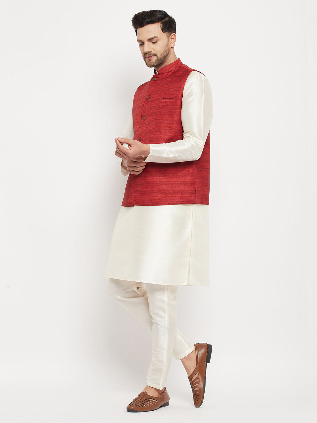 Men's Maroon Matka Silk Nehru Jacket With Cream Silk Blend Kurta And Pant Style Pyjama Set
