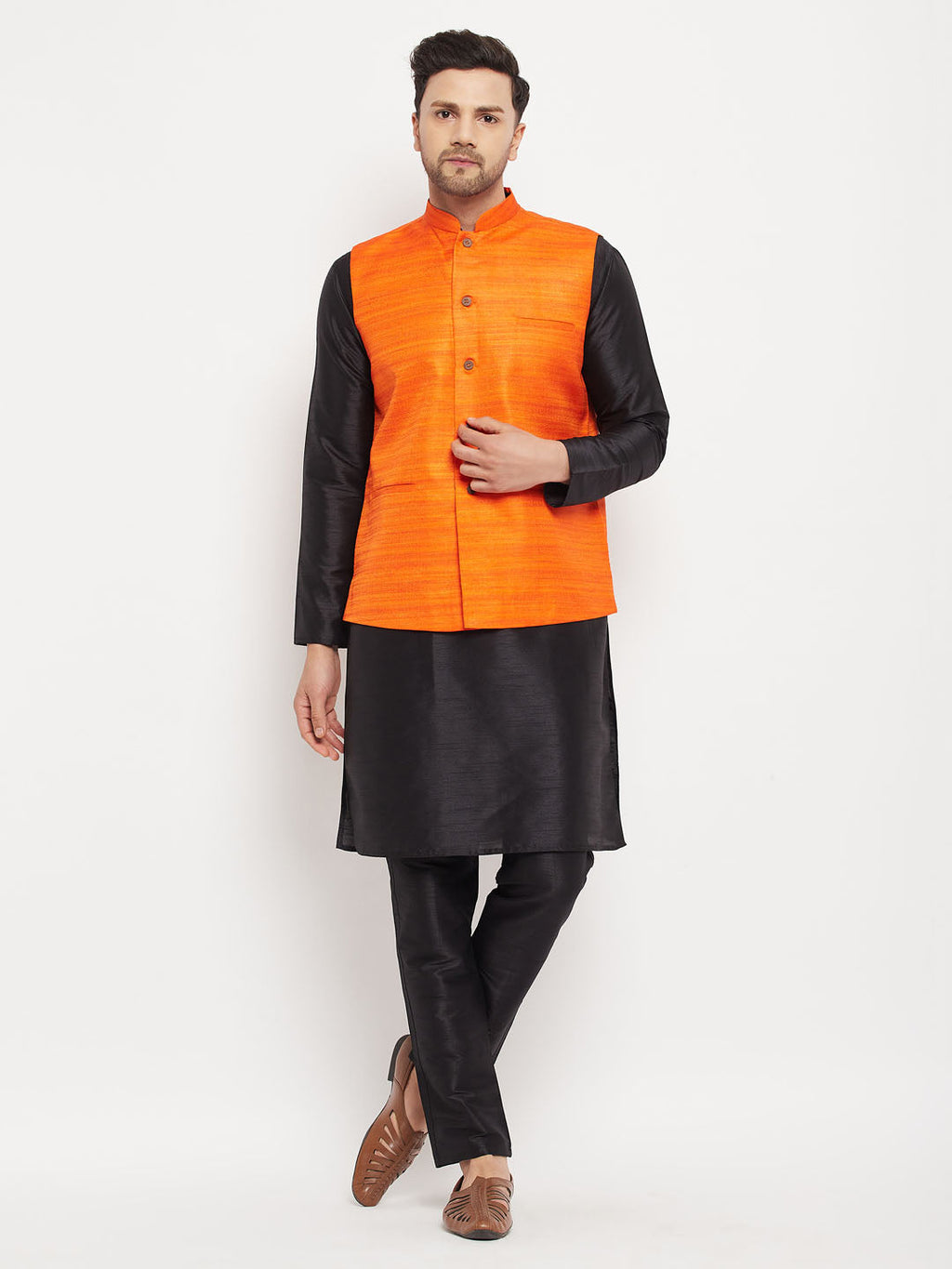 Men's Orange Matka Silk Nehru Jacket With Black Silk Blend Kurta And Pant Style Pyjama Set