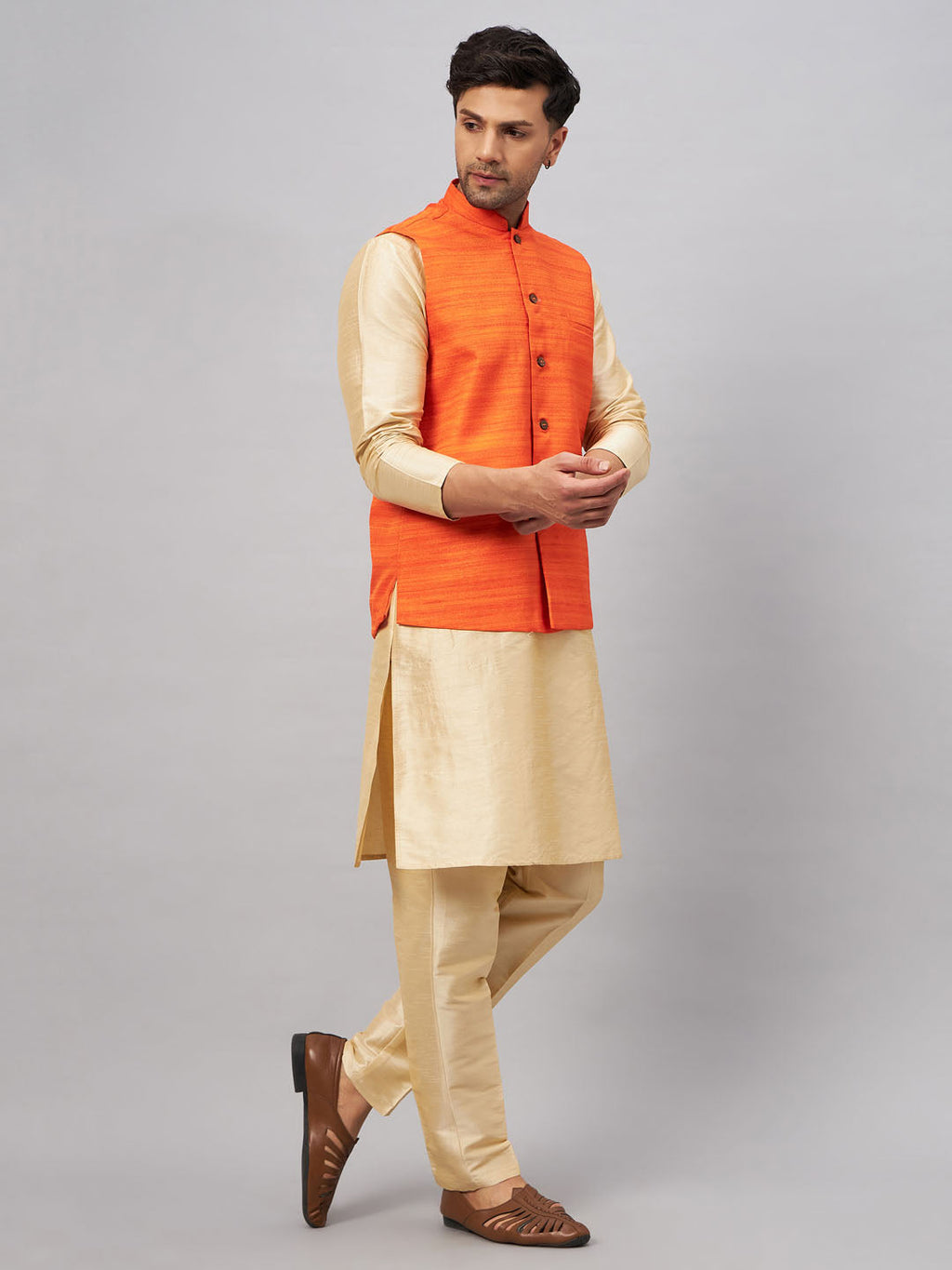 Men's Orange Matka Silk Nehru Jacket With Gold Silk Blend Kurta And Pant Style Pyjama Set