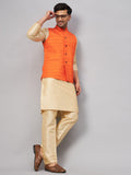 Men's Orange Matka Silk Nehru Jacket With Gold Silk Blend Kurta And Pant Style Pyjama Set