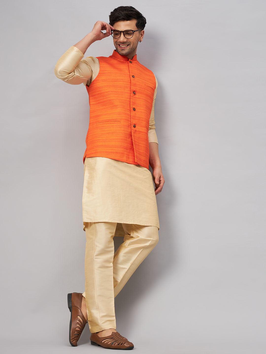 Men's Orange Matka Silk Nehru Jacket With Gold Silk Blend Kurta And Pant Style Pyjama Set