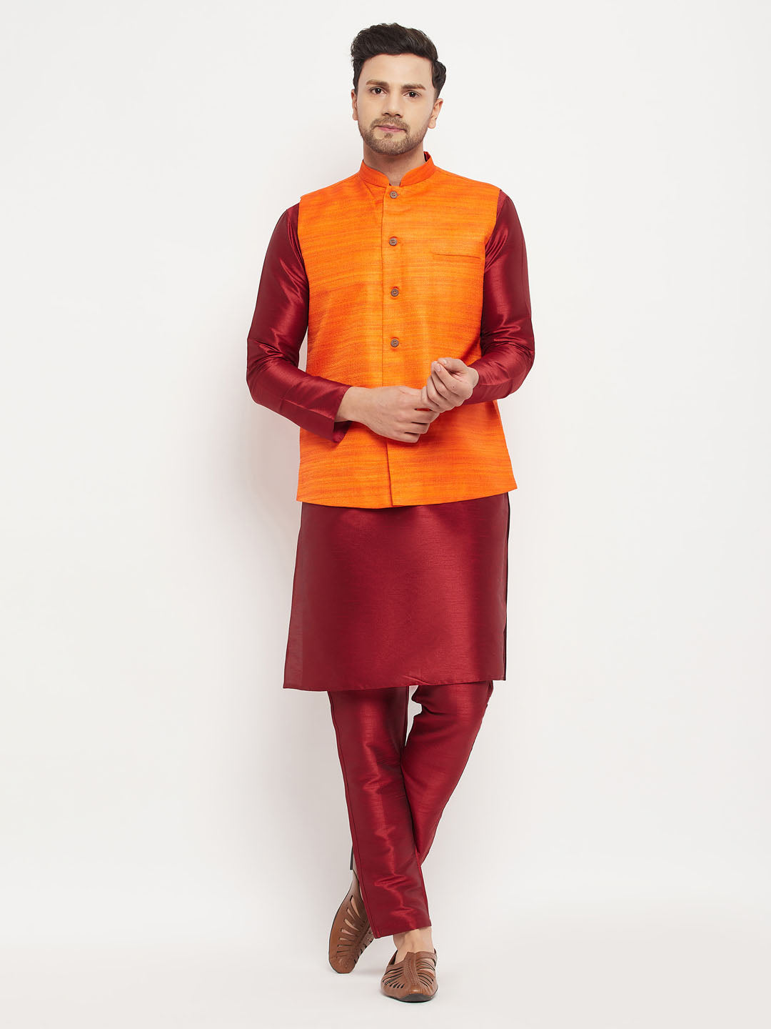 Men's Orange Matka Silk Nehru Jacket With Maroon Silk Blend Kurta And Pant Style Pyjama Set