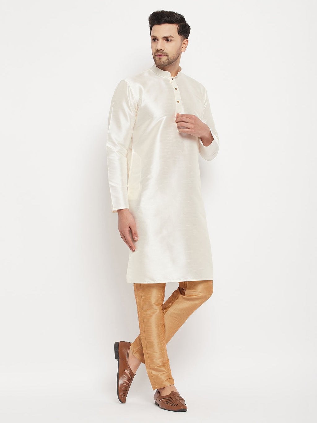 Men's Cream Cotton Silk Blend Kurta And Rose Gold Pant Style Pyjama Set