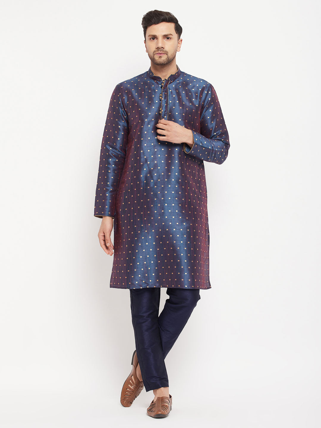 Men's Navy Blue Zari Weaved Kurta And Pant Set