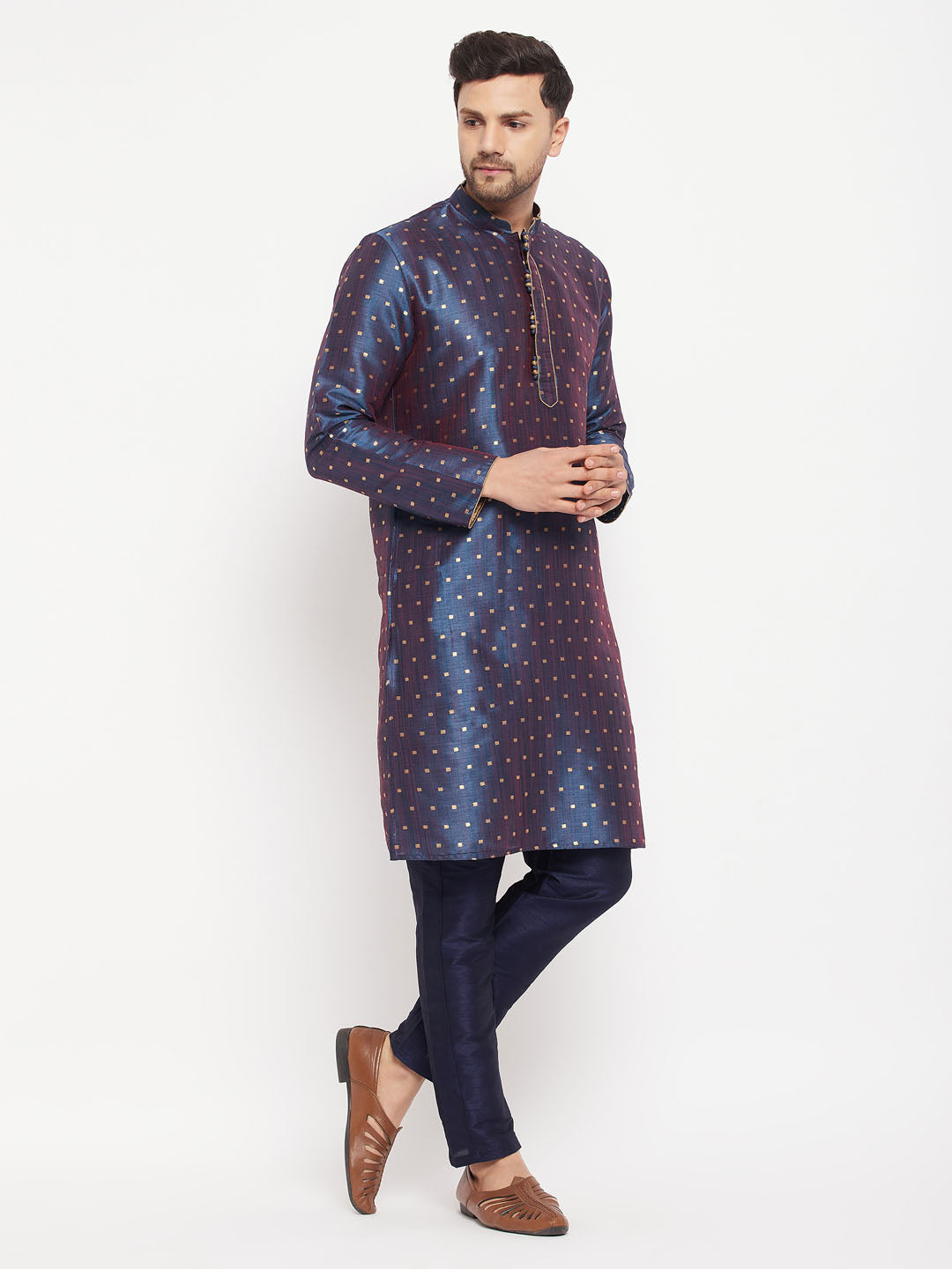 Men's Navy Blue Zari Weaved Kurta And Pant Set