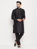 Men's Black Silk Blend Kurta And Black Pant Style Pyjama Set