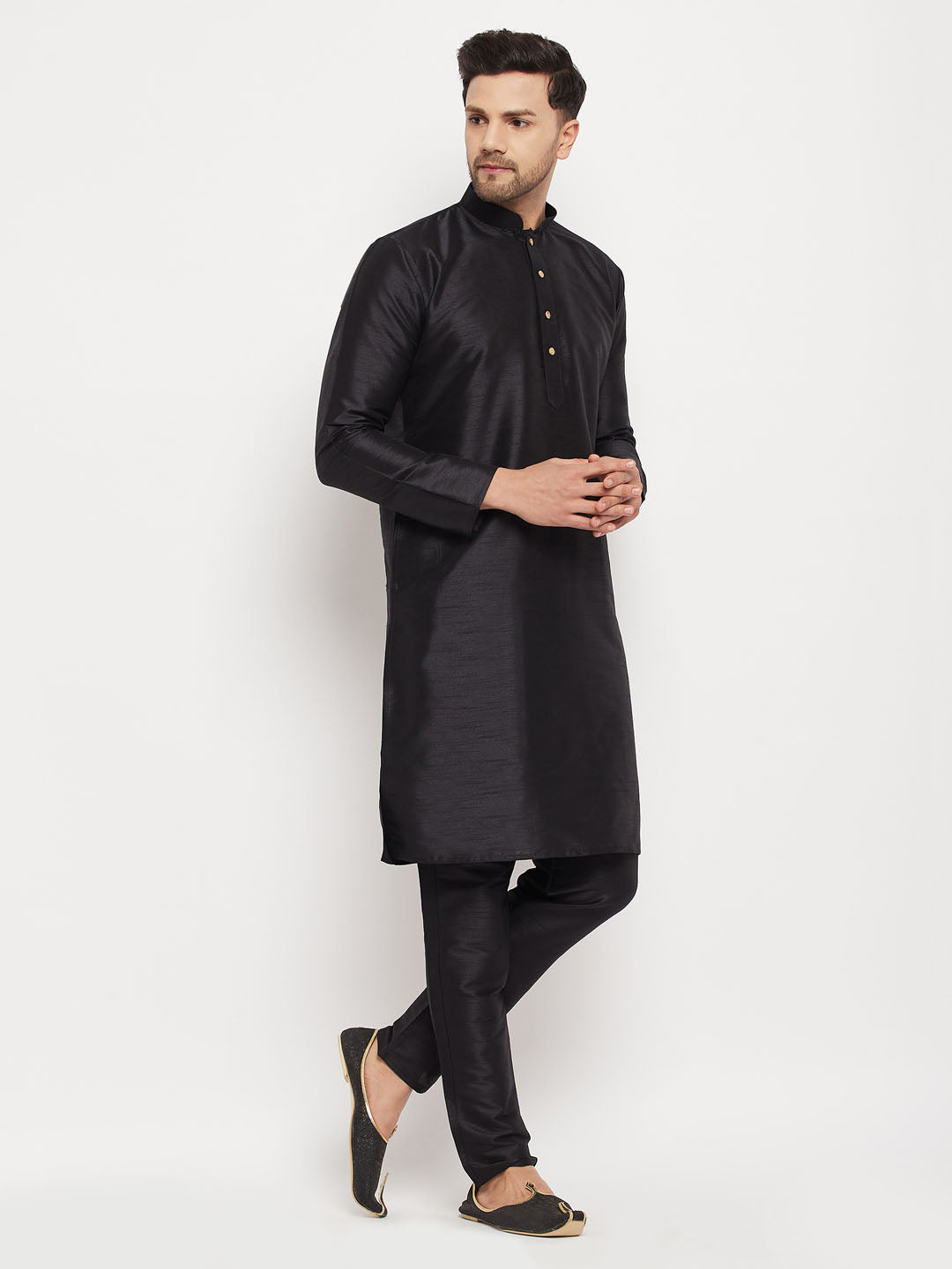 Men's Black Silk Blend Kurta And Black Pant Style Pyjama Set