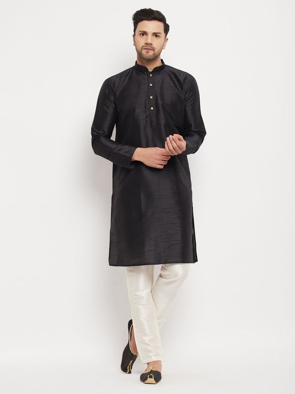 Men's Black Silk Blend Kurta And Cream Pant Style Pyjama Set