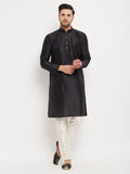 Men's Black Silk Blend Kurta And Cream Pant Style Pyjama Set