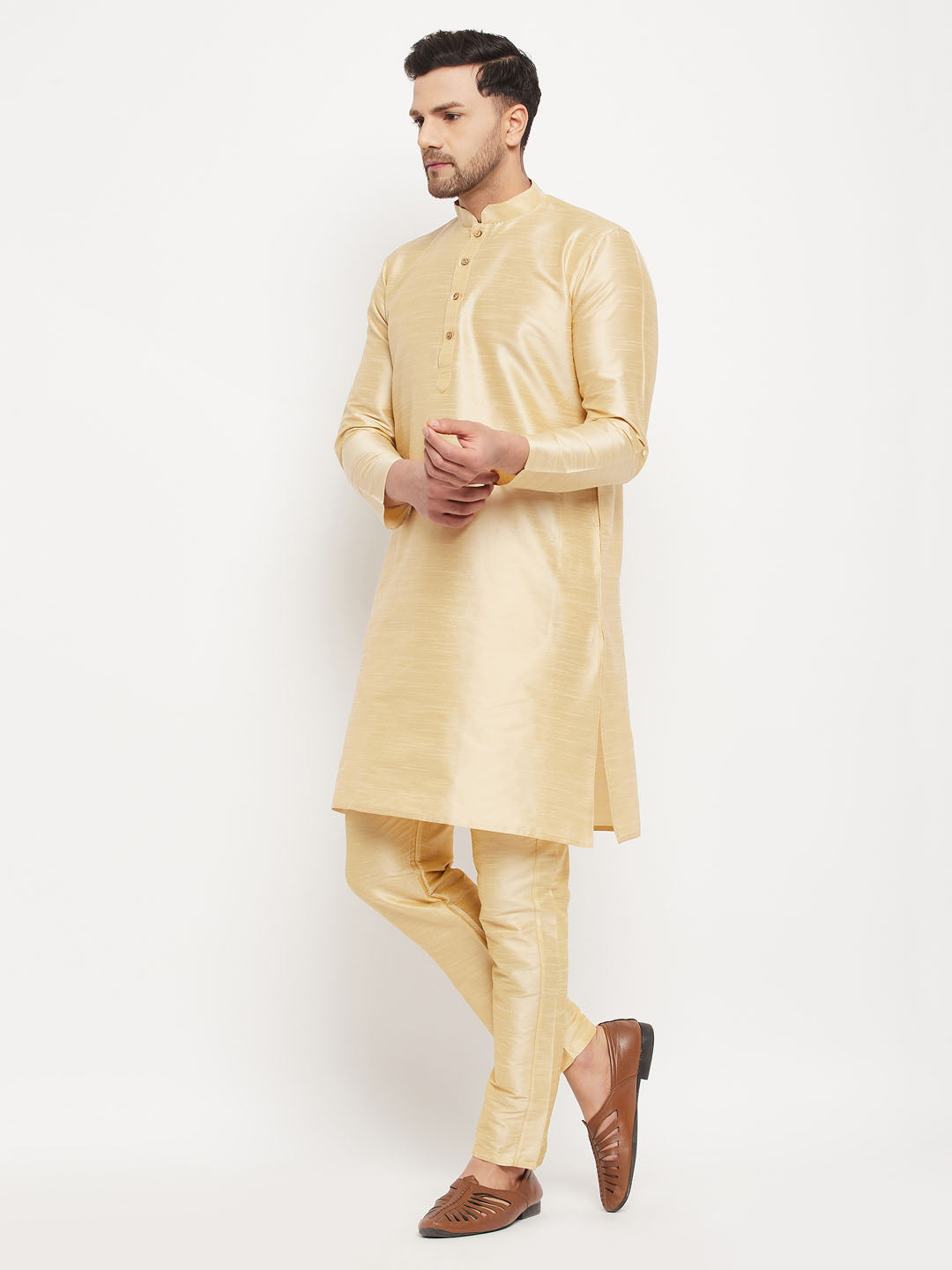 Men's Gold Cotton Silk Blend Kurta And Gold Pant Style Pyjama Set