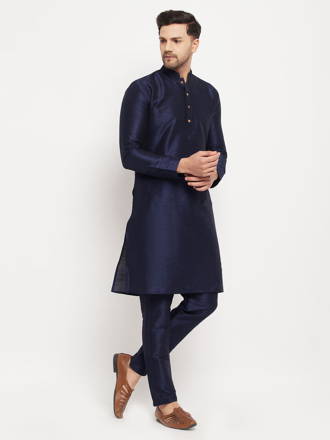 Men's Navy Blue Silk Blend Kurta And Navy Blue Pant Style Pyjama Set