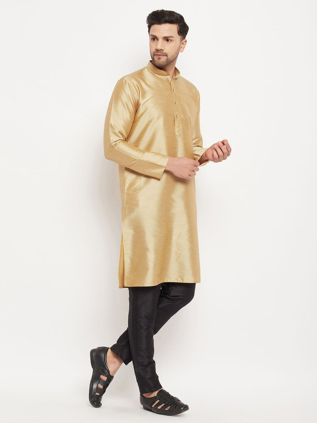 Men's Rose Gold Silk Blend Kurta And Black Pant Style Pyjama Set