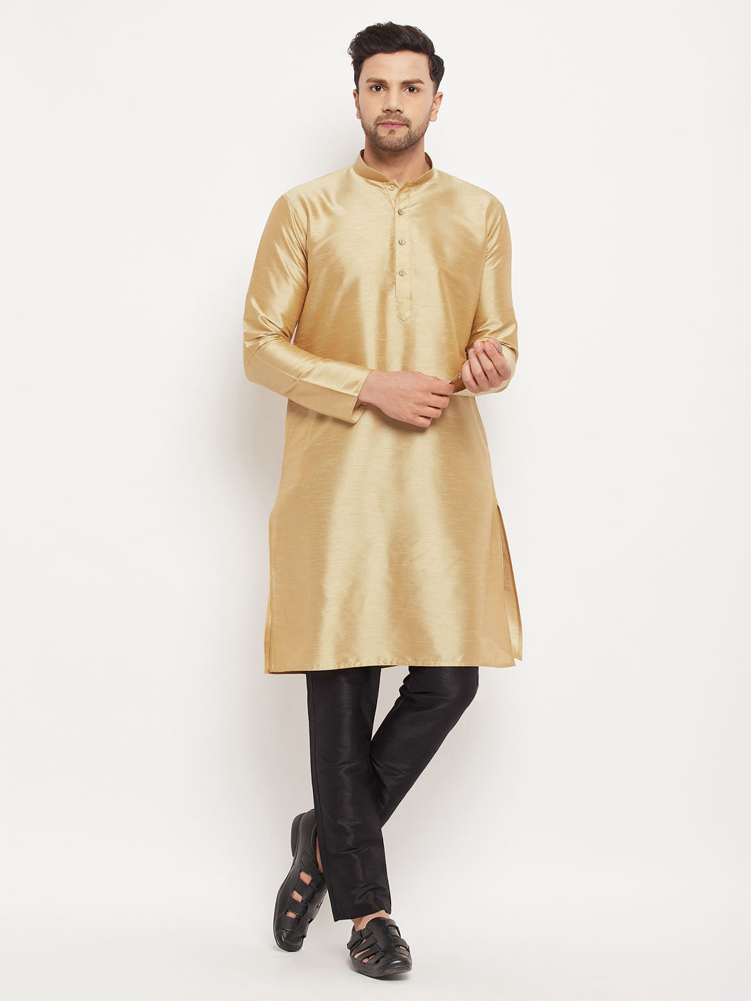 Men's Rose Gold Silk Blend Kurta And Black Pant Style Pyjama Set