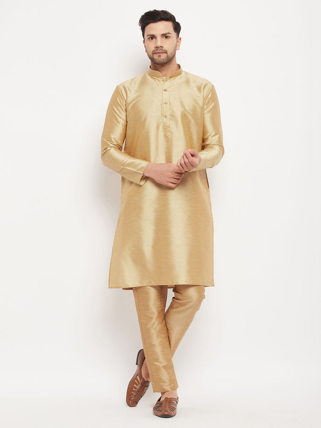 Men's Rose Gold Silk Blend Kurta And Rose Gold Pant Style Pyjama Set