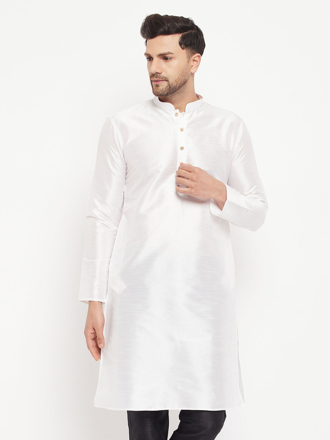 VASTRAMAY Men's White Cotton Silk Blend Kurta